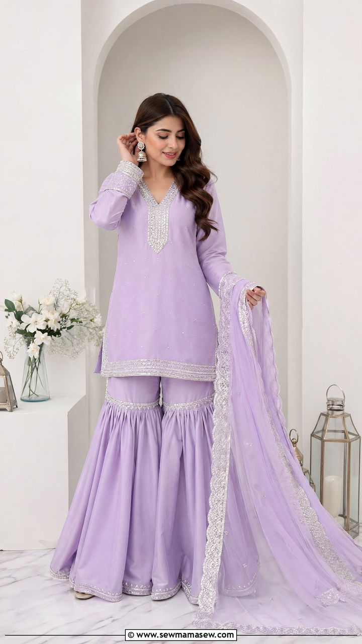Lavender Gharara Suit with Tissue Dupatta - 35 Eid outfit ideas for moms