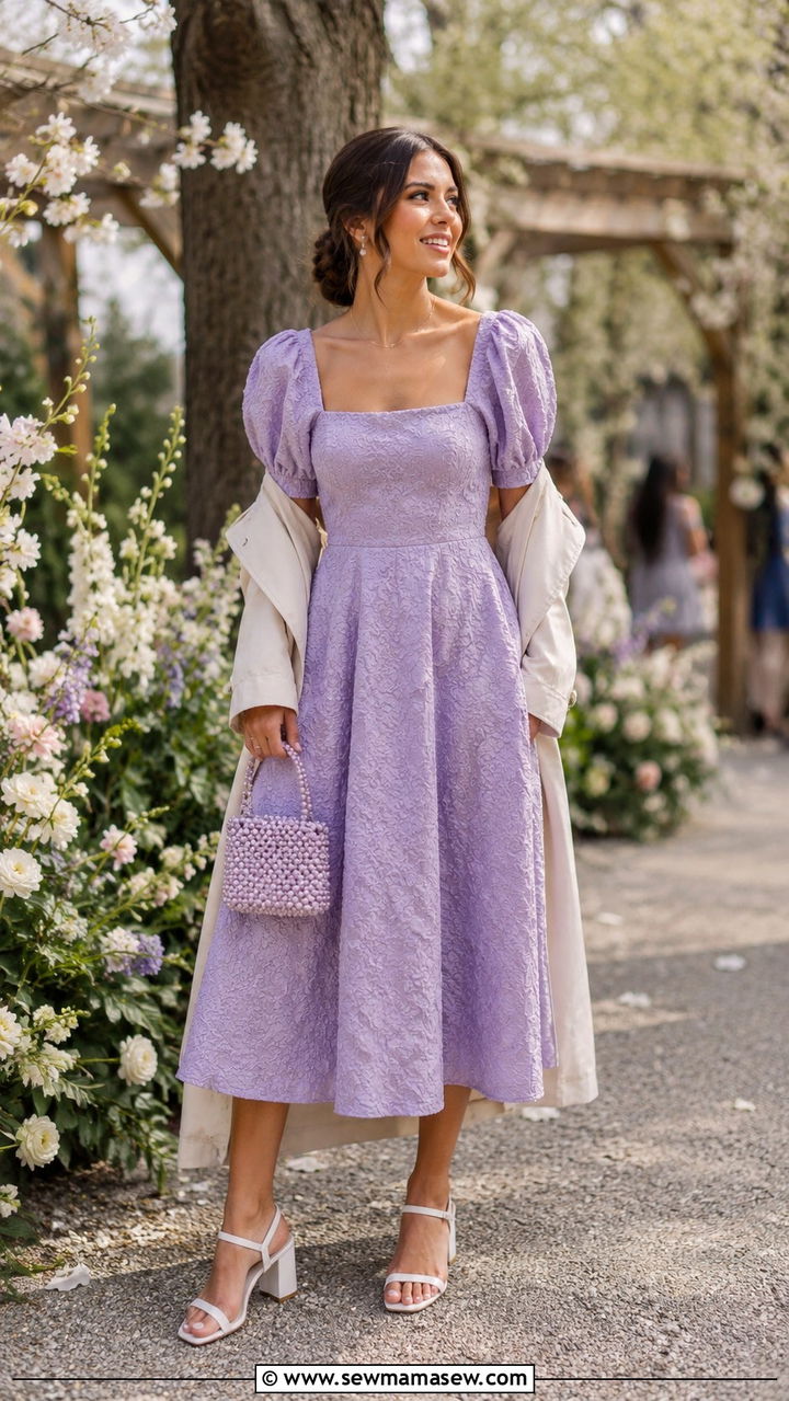 Lavender Jacquard Puff Sleeve Dress Spring Wedding Guest - 25 Wedding guest outfit ideas jacquard dress