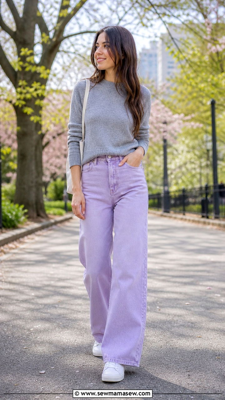 Lavender Jeans With Grey Knit And White Sneakers - 40 Colored jeans outfit ideas