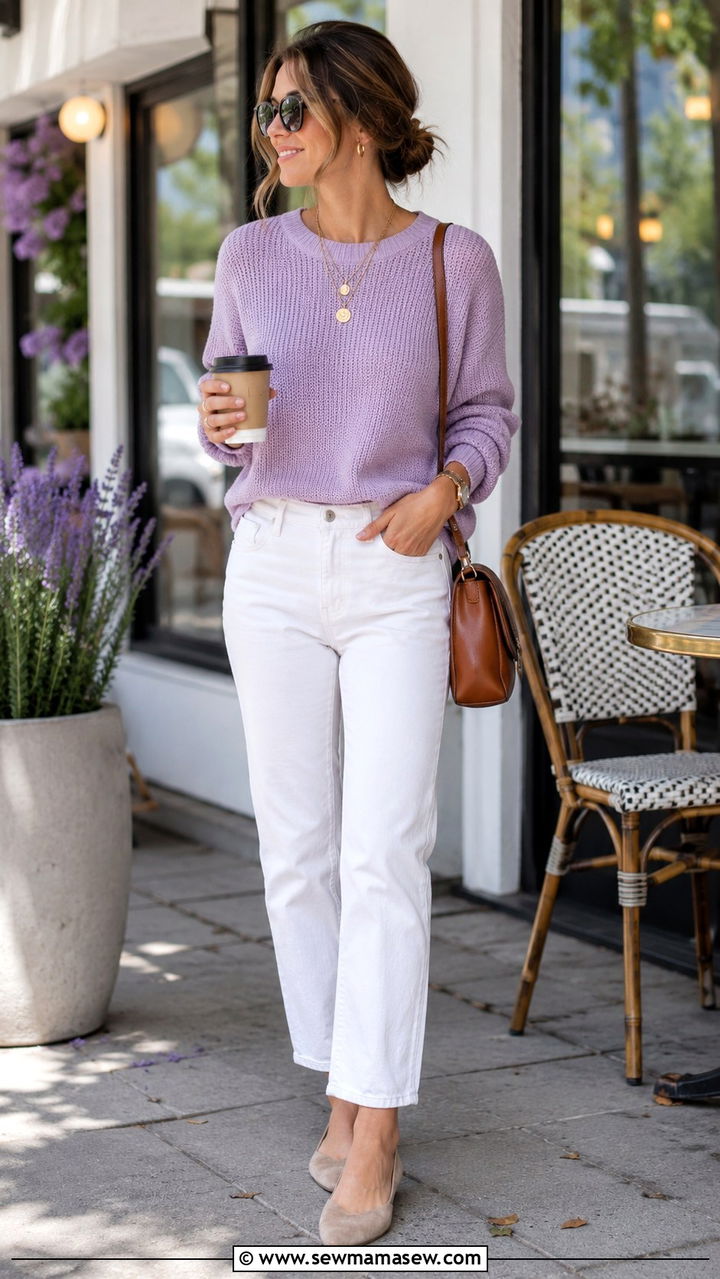 Lavender Knit Sweater With White Jeans - 30 Spring lavender outfit ideas