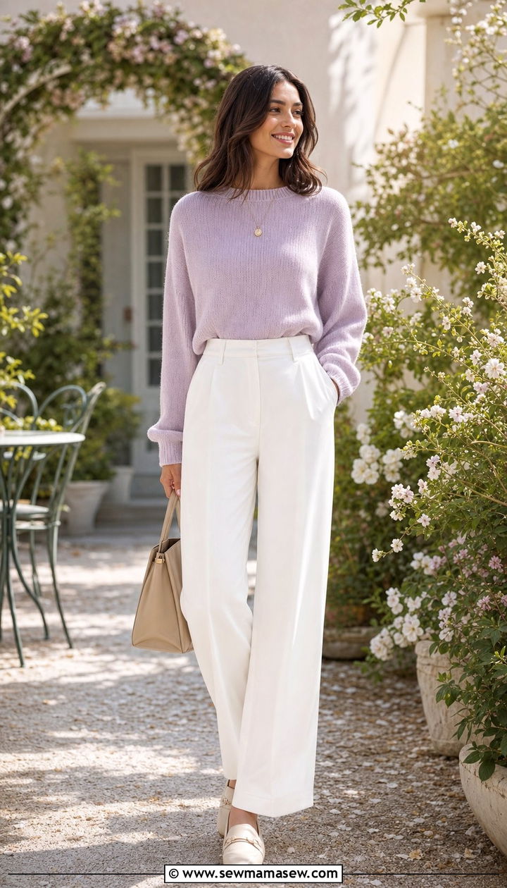 Lavender Knit Sweater with White Trousers - 25 classy outfits for modest women