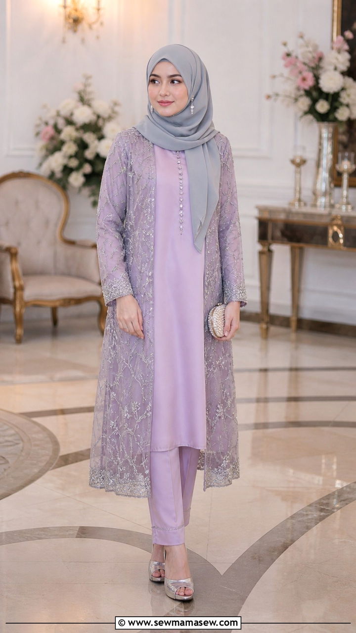 Lavender Kurta With Cigarette Pants And Overcoat - 40 Eid outfit ideas for women