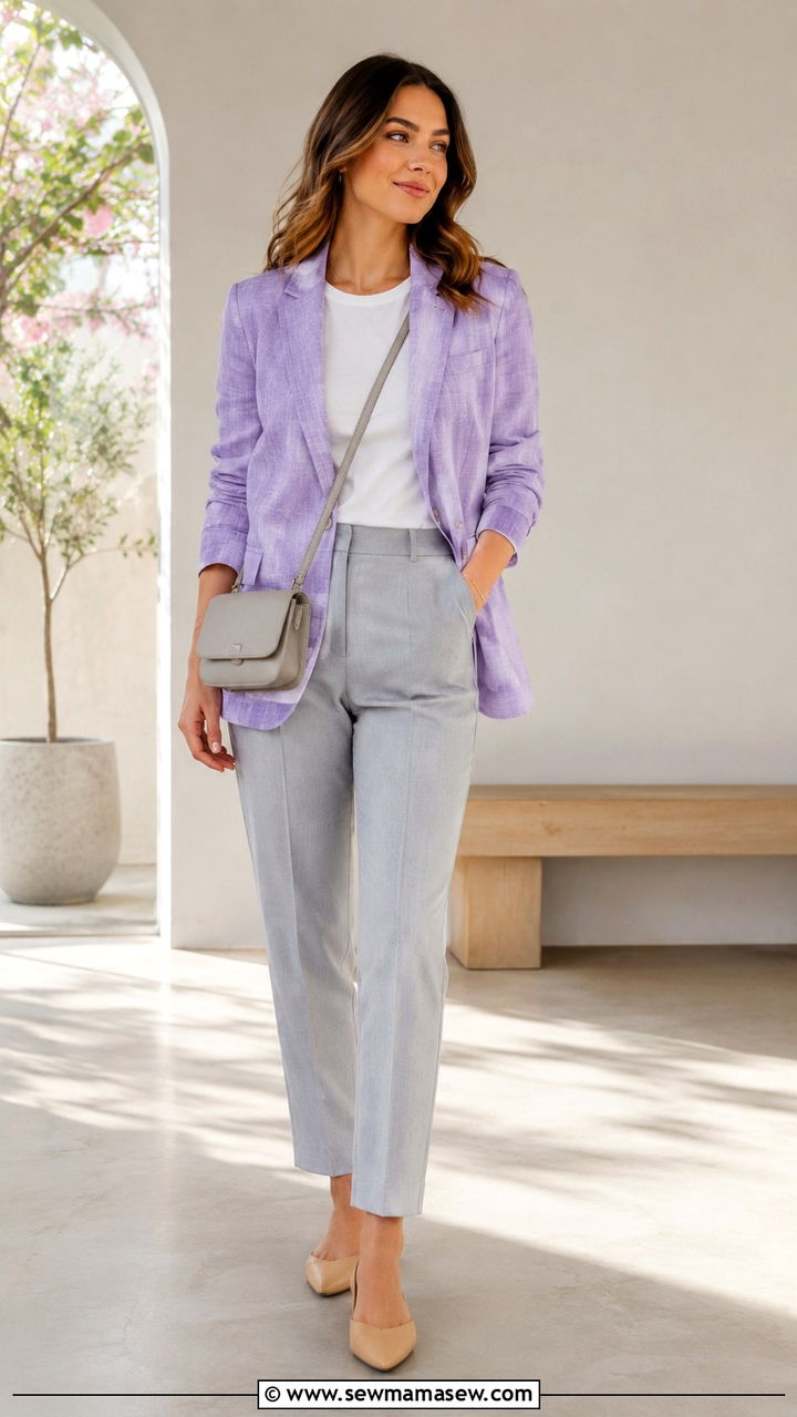 Lavender Linen Blazer with White T Shirt and Gray Trousers - 30 Linen blazer outfit ideas with a t-shirt