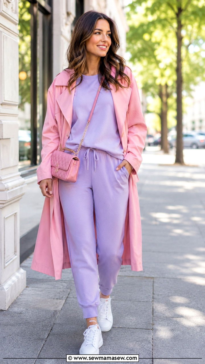 Lavender Lounge Set With A Pink Trench Coat - 25 Pink and purple outfit ideas