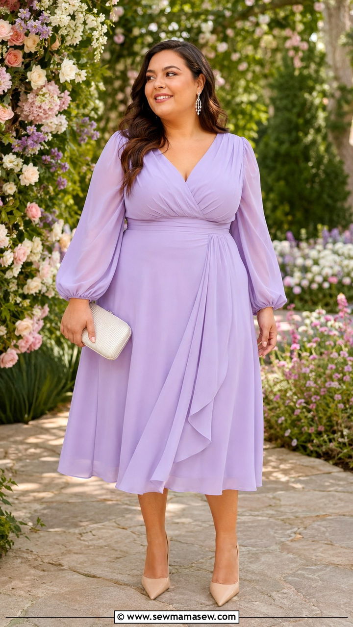 Lavender Midi Dress With Voluminous Sleeves - 30 plus size spring wedding guest outfit ideas