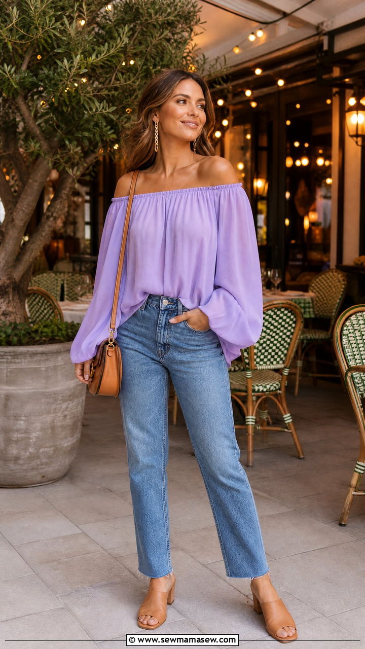 Lavender Off Shoulder Top with Straight Leg Jeans - 35 Lavender outfit ideas