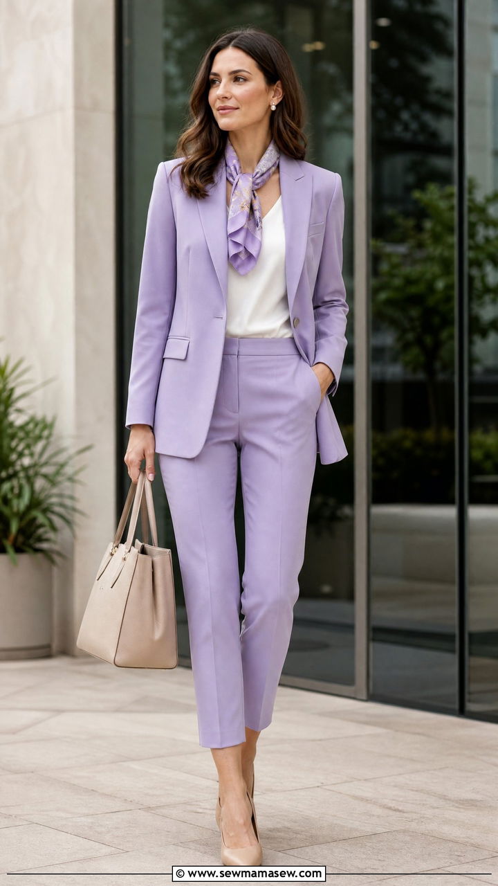 Lavender Office Suit with Silk Scarf - 35 Lavender outfit ideas