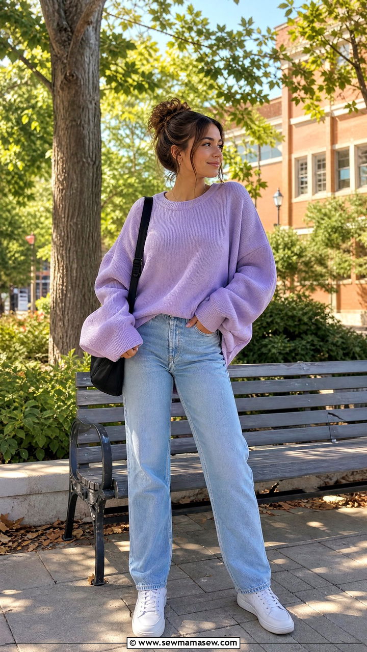 Lavender Oversized Sweater with Light Wash Straight Leg Jeans - 30 College outfit ideas cute 2026