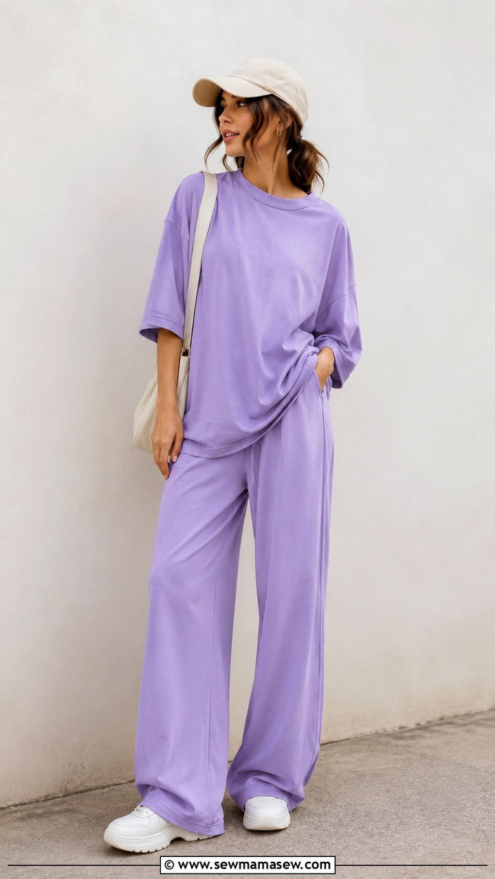 Lavender Oversized Tee With Wide Leg Sport Pants - 30 spring sporty chic outfit ideas