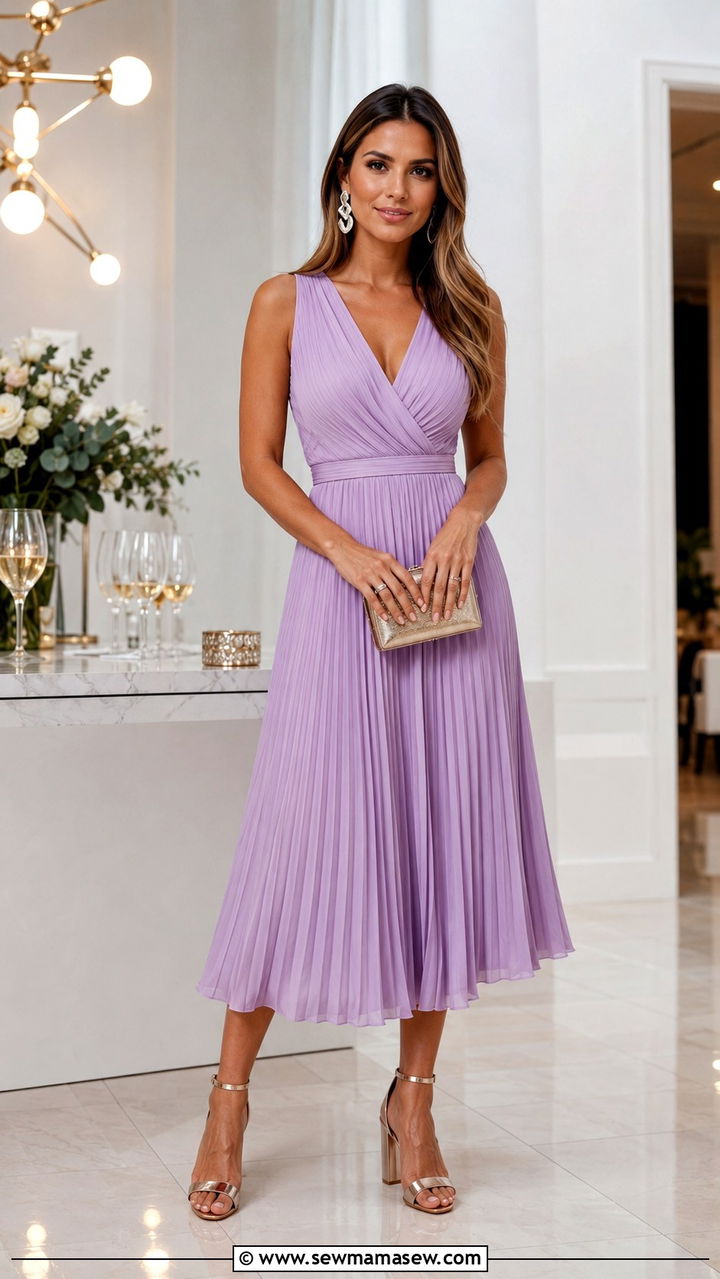 Lavender Pleated Midi Dress Wedding Guest - 20 Wedding guest outfit ideas lavender dress