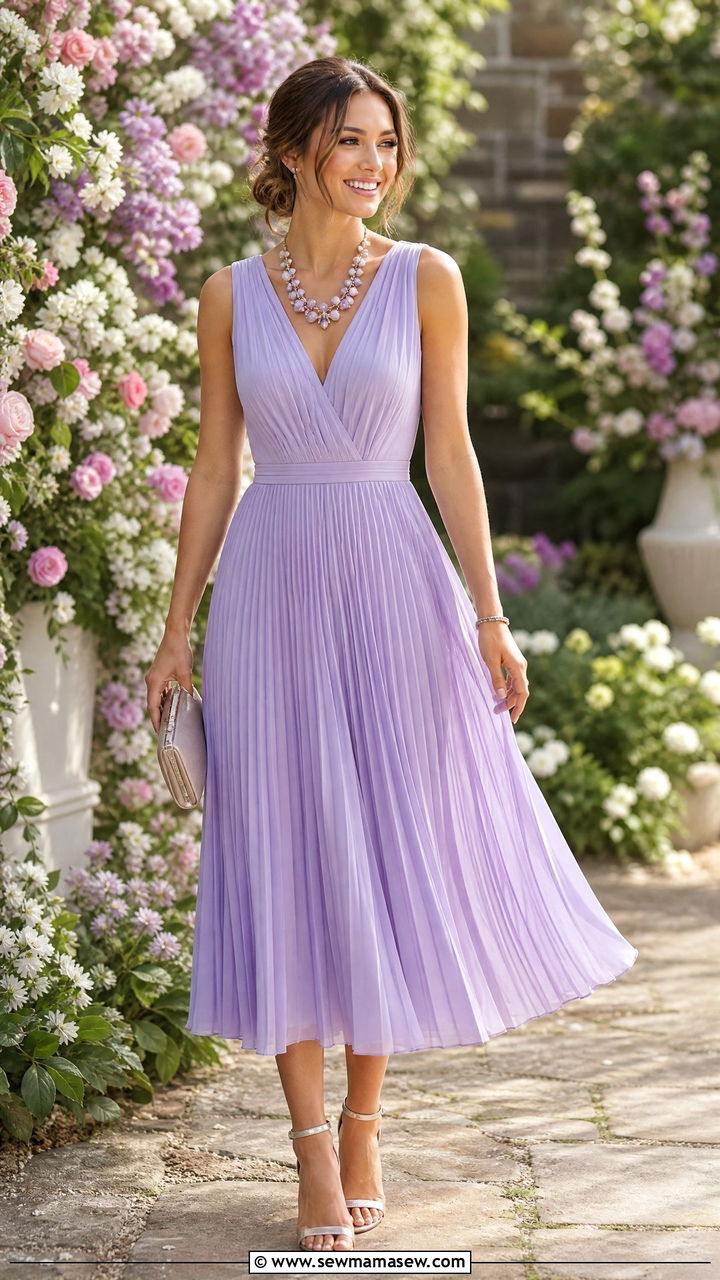 Lavender Pleated Midi Dress With Beaded Necklace - 25 Wedding guest outfit ideas size 12