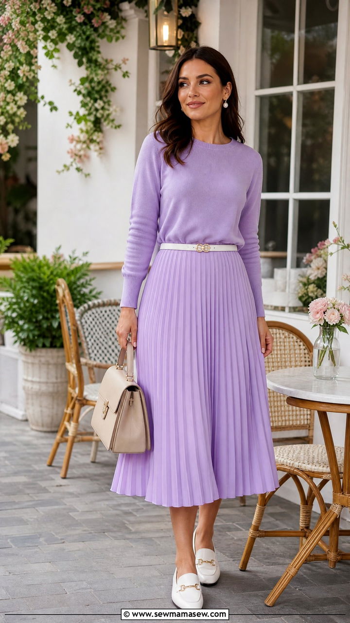 Lavender Pleated Skirt with Soft Knit Sweater - 35 Lavender outfit ideas