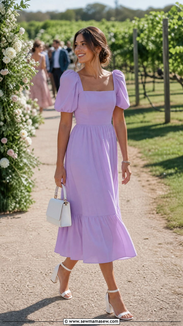 Lavender Puff Sleeve Midi Dress With White Heels - 30 Cocktail wedding guest outfits