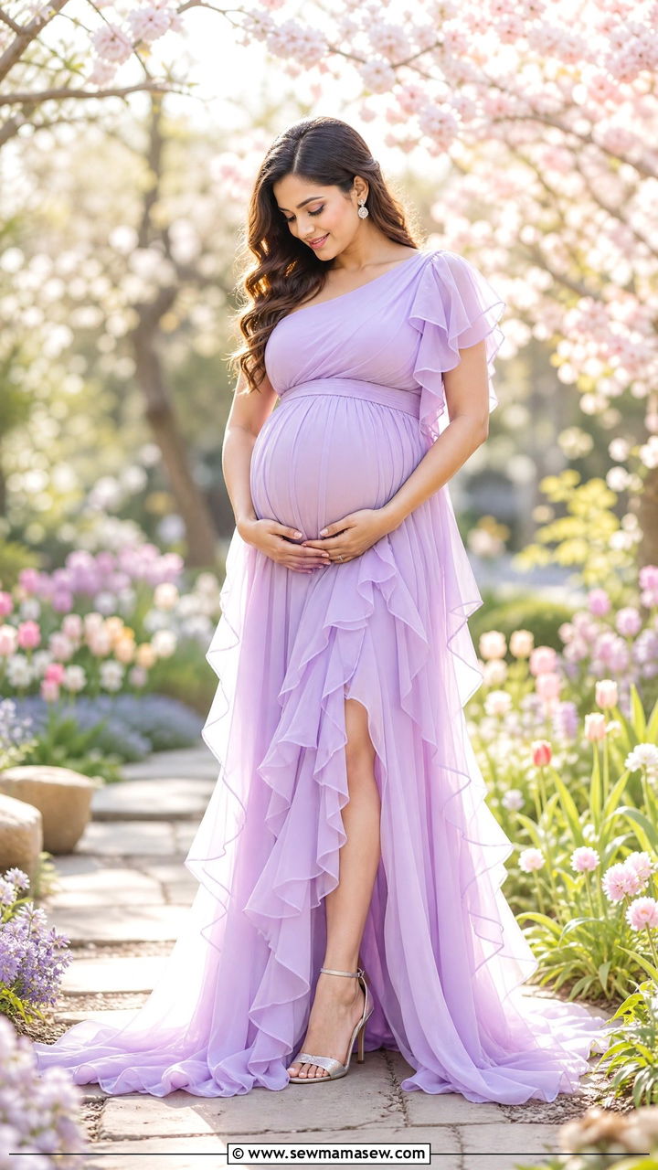 Lavender Ruffled Chiffon Maternity Photoshoot Gown - 25 Maternity outfit ideas for photoshoot