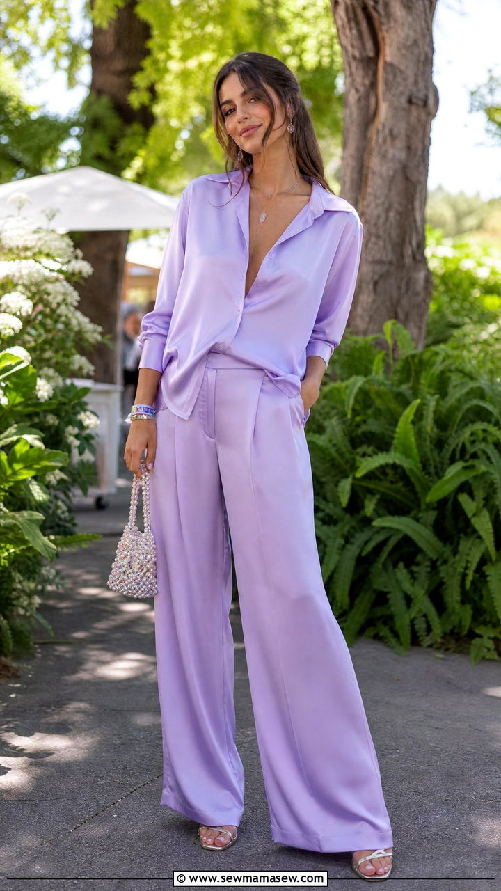 Lavender Satin Coordinated Set With Strappy Sandals - 30 Coord set outfit ideas for festival