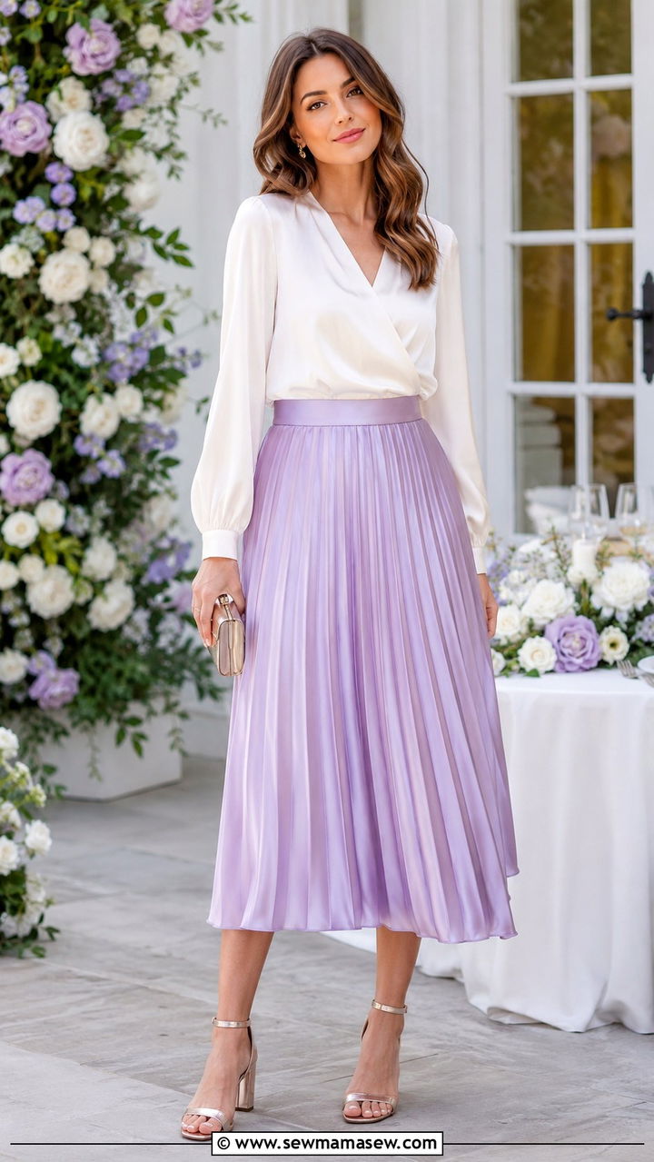 Lavender Satin Midi Skirt With Silk Blouse and Block Heels - 30 Satin midi skirt outfit ideas