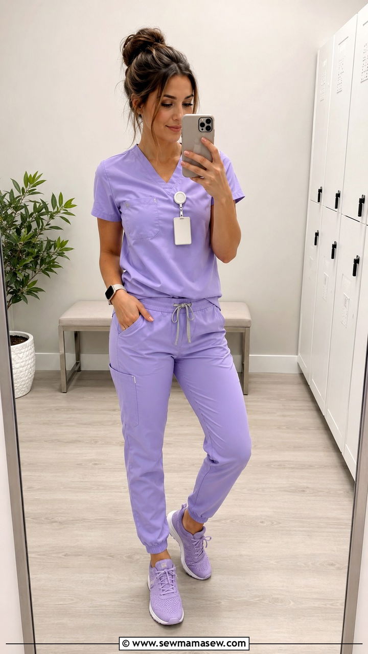 Lavender Scrub Set with Lilac Sneakers - 30 Spring outfit ideas for nurse