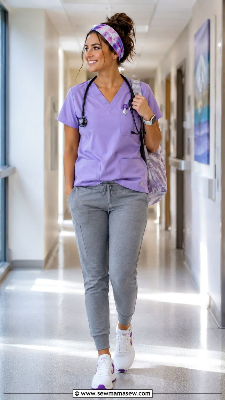 Lavender Scrub Top With Grey Joggers And Tie Dye Headband - 25 Pediatric nurse outfit ideas