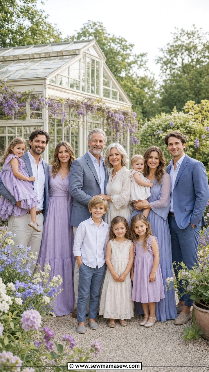 Lavender Slate Blue and Cream Vintage Garden Outfit - 25 Family photo outfits for large families