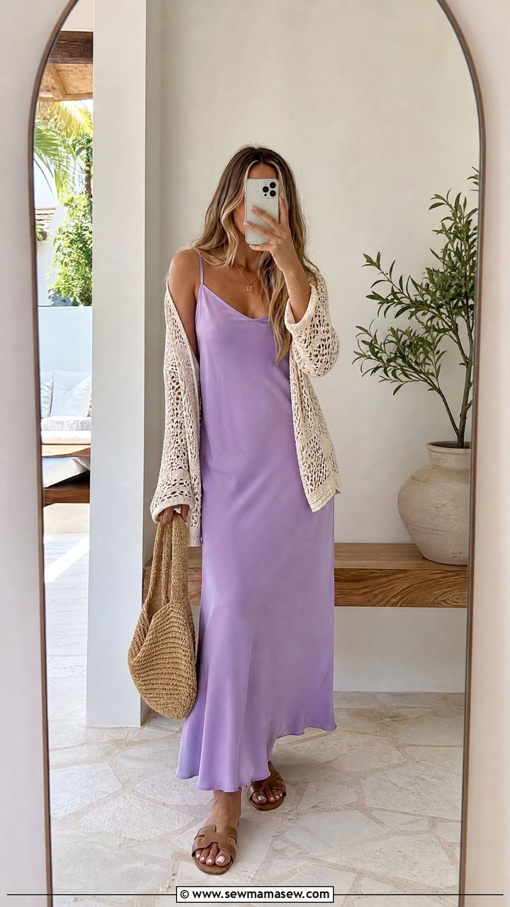 Lavender Slip Dress With Crochet Cardigan And Flat Sandals - 25 How to style a slip dress for a wedding