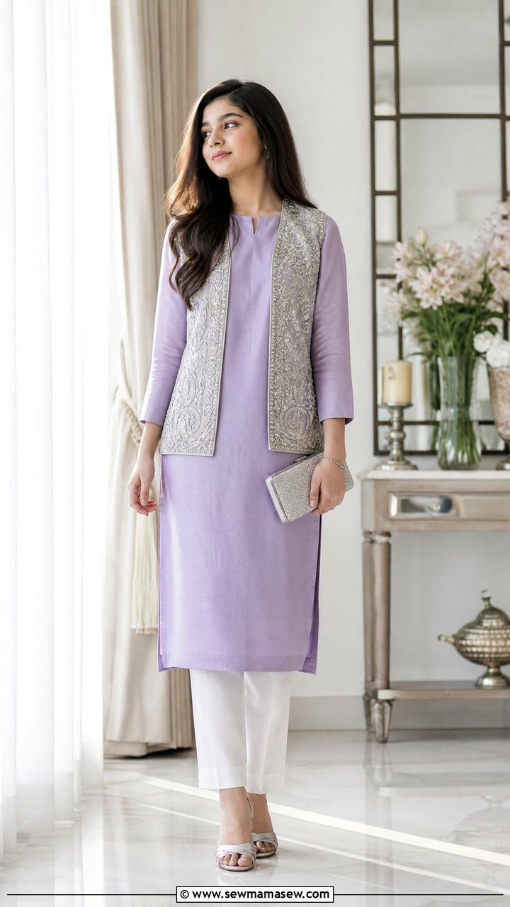 Lavender Straight Kurta with Embroidered Waistcoat - 30 Eid outfit ideas for teens