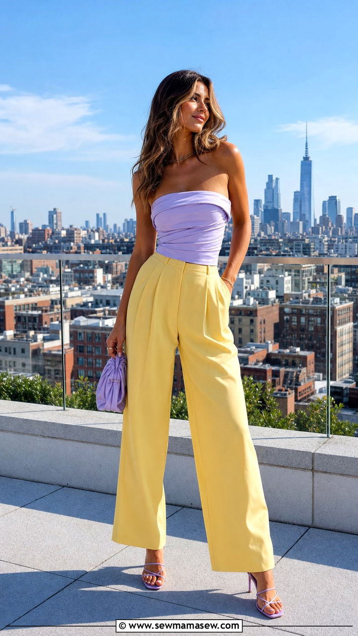 Lavender Strapless Top With Yellow Wide Leg Trousers - 35 April outfit ideas
