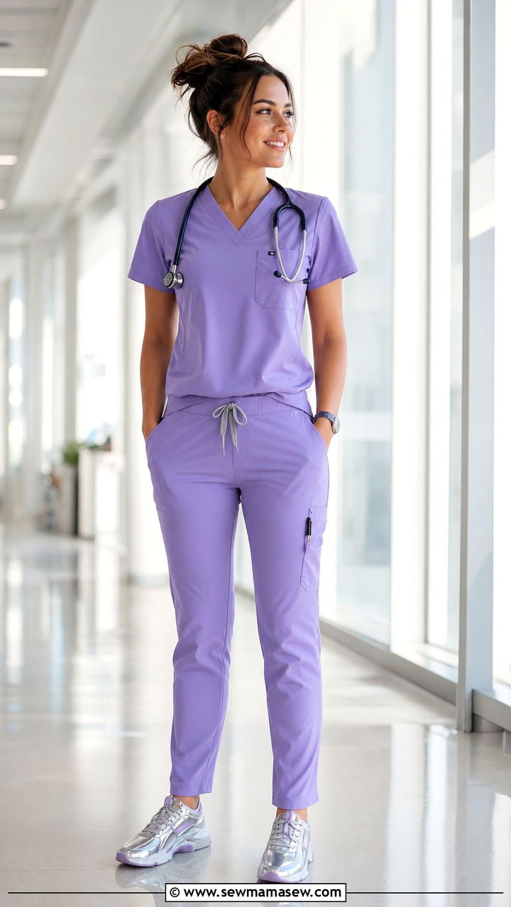 Lavender Stretch Scrub Set With Reflective Sneakers - 25 Summer nurse outfits