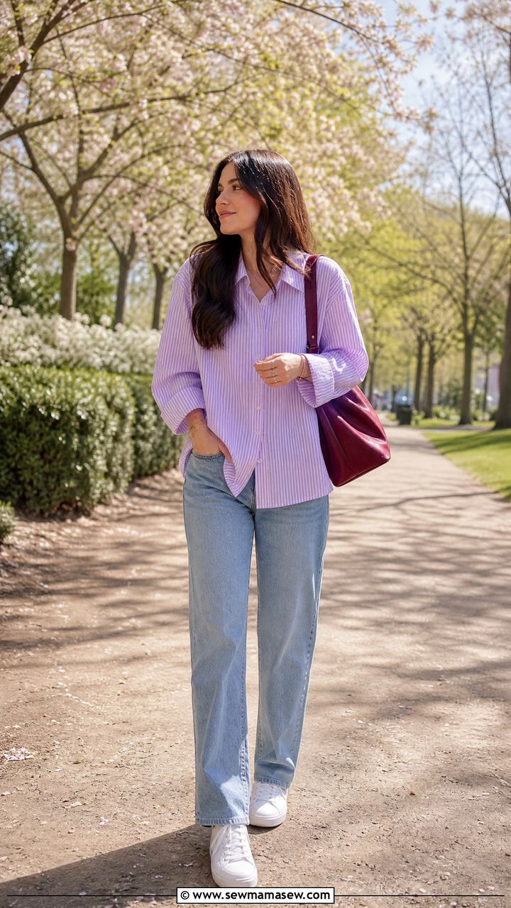 Lavender Striped Shirt With Soft Denim Jeans - 30 modest classy outfits for women
