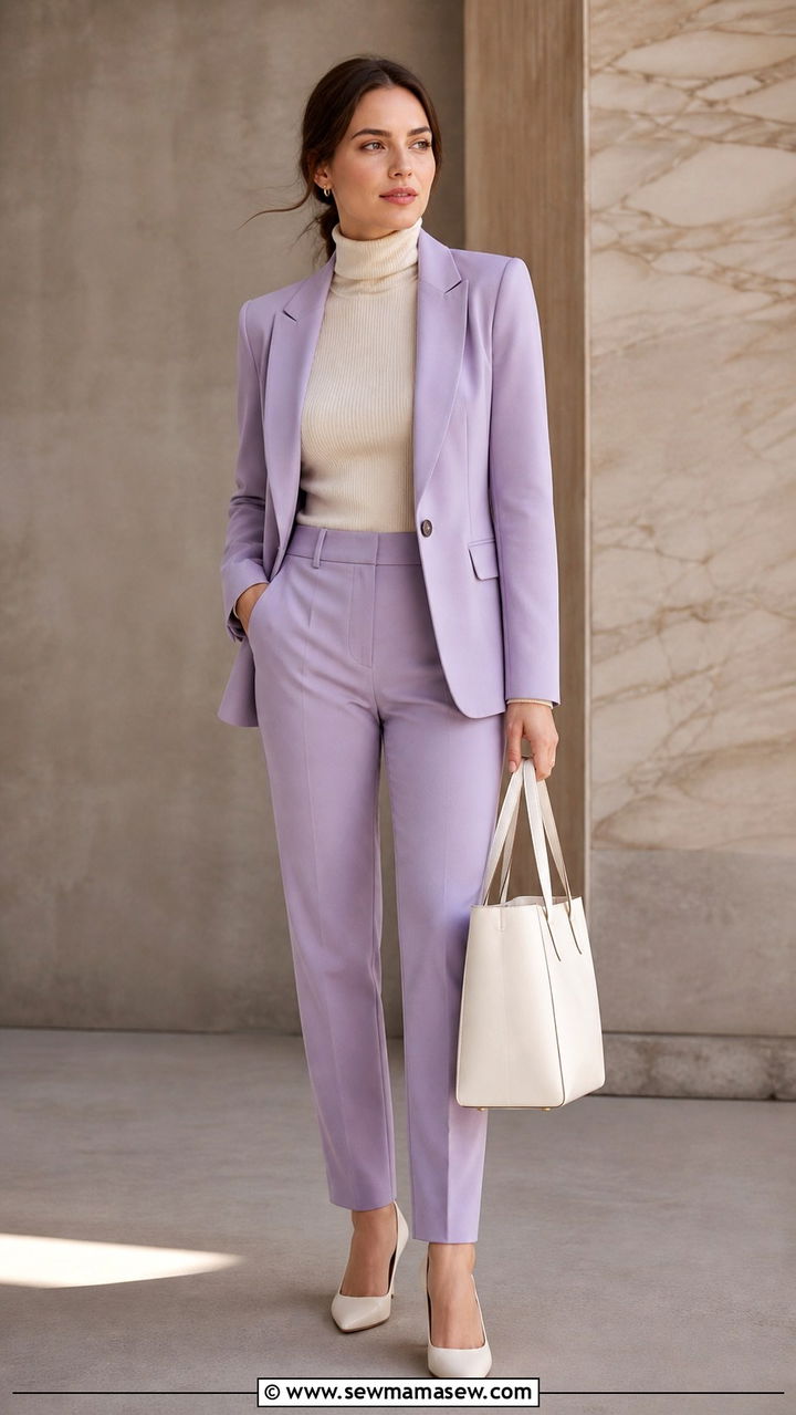 Lavender Suit with Cream Turtleneck Outfit - 40 spring work outfit ideas