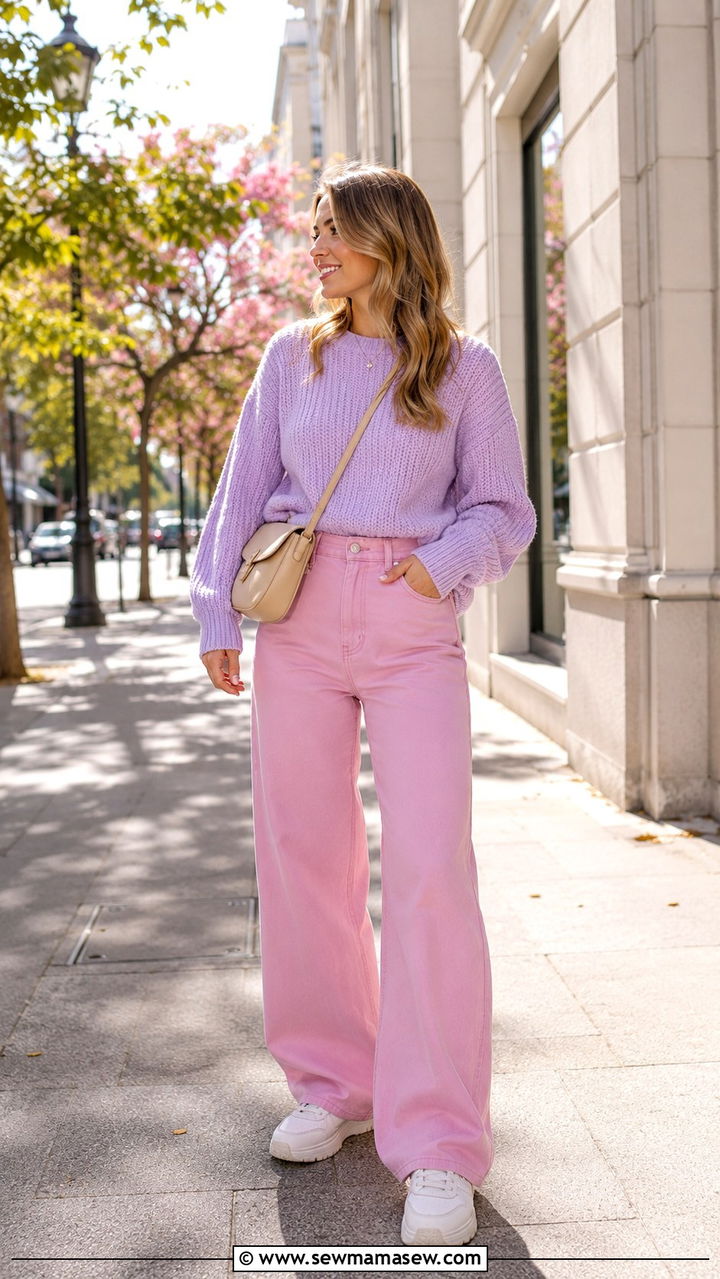 Lavender Sweater With Pink Wide Leg Jeans - 25 Pink and purple outfit ideas
