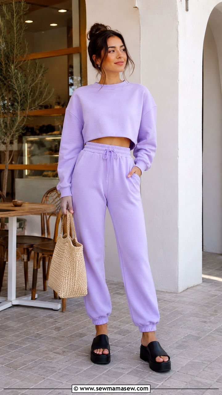 Lavender Sweatsuit With Platform Slides - 30 Sweatsuit outfit ideas women