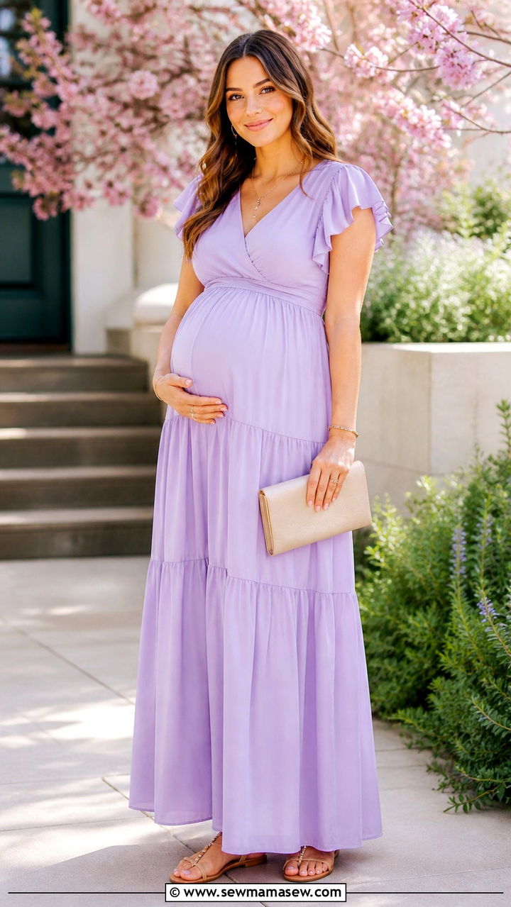Lavender Tiered Maxi Dress for the Mom to Be - 40 Spring baby shower outfits