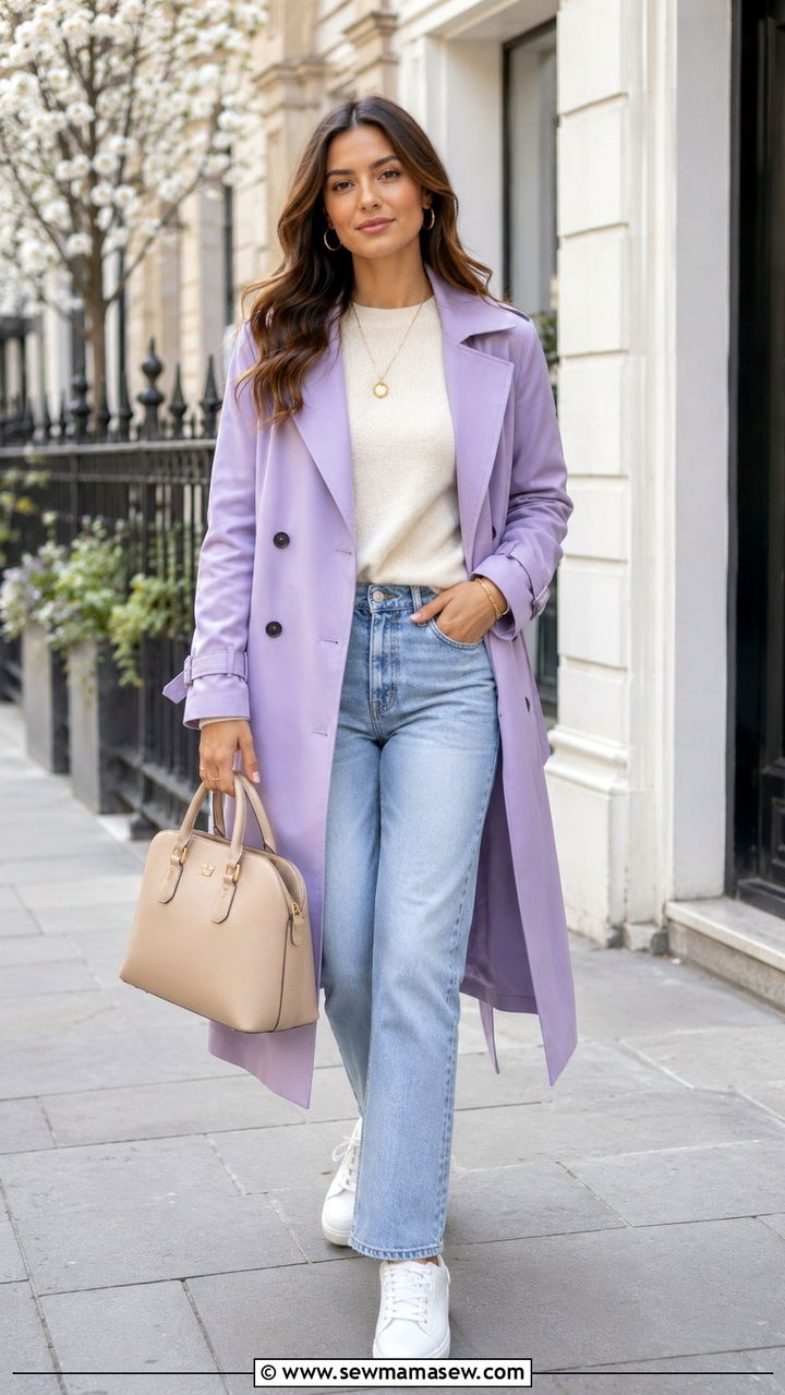 Lavender Trench Coat Over Neutral Layers - 30 Spring lavender outfit ideas