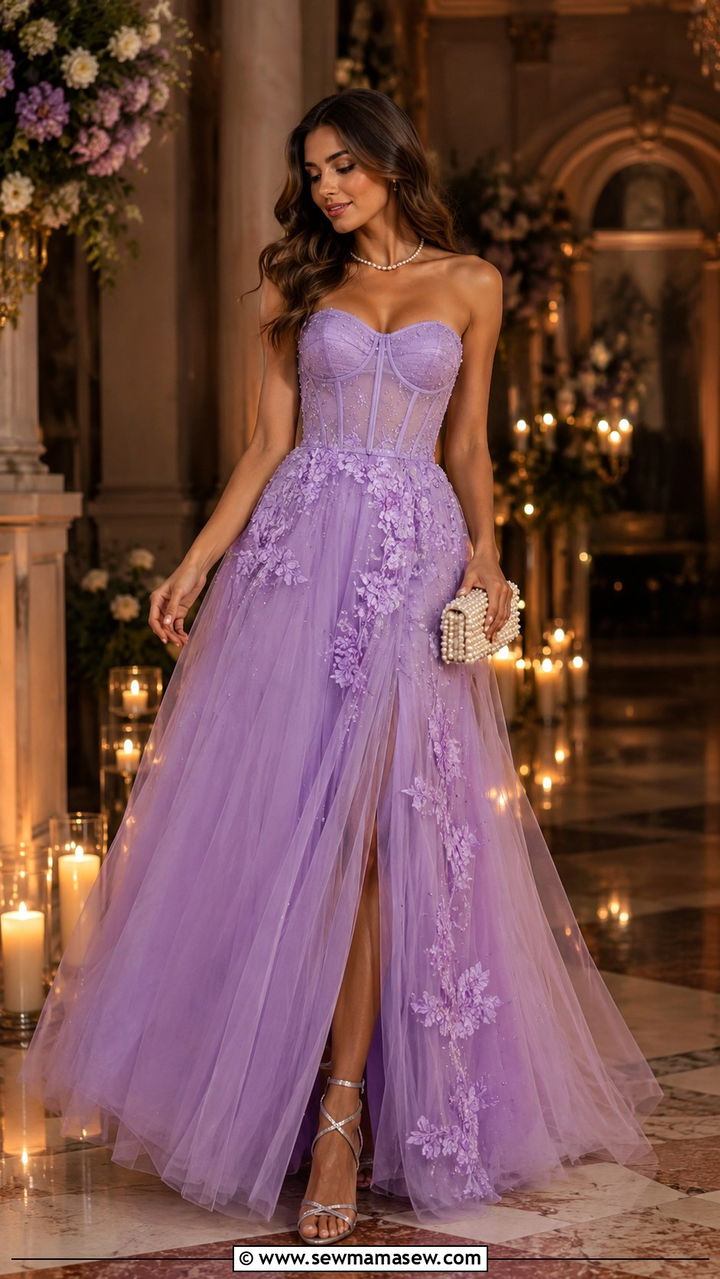 Lavender Tulle Gown with Pearls Wedding Guest - 20 Wedding guest outfit ideas lavender dress