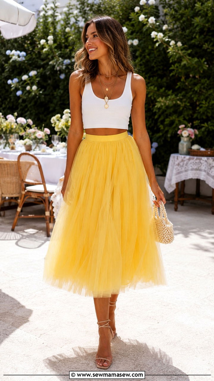 Lavender Tulle Midi Skirt With Ribbed Tank And Ballet Flats - 30 Tulle skirt outfit ideas for summer