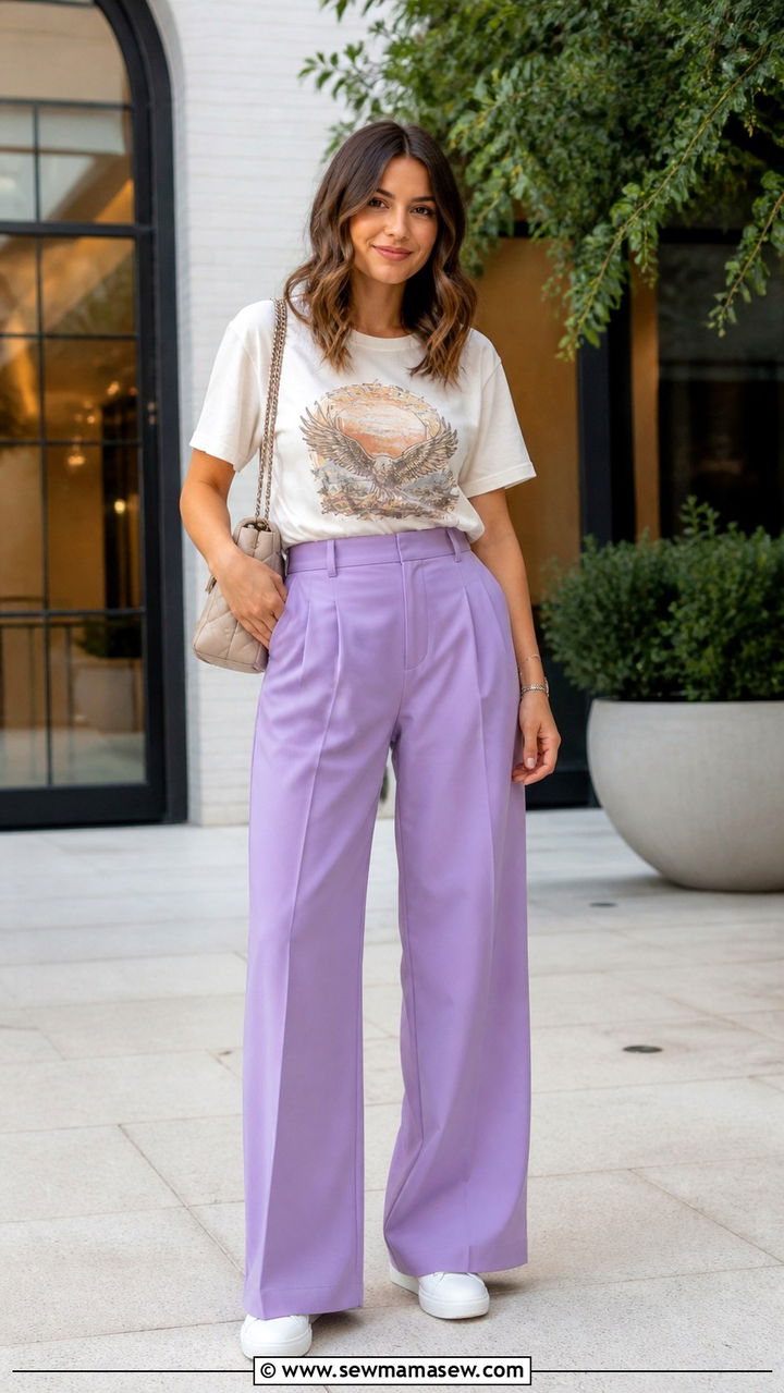 Lavender Wide Leg Trousers and Graphic Tee Outfit - 40 Streetwear summer outfits