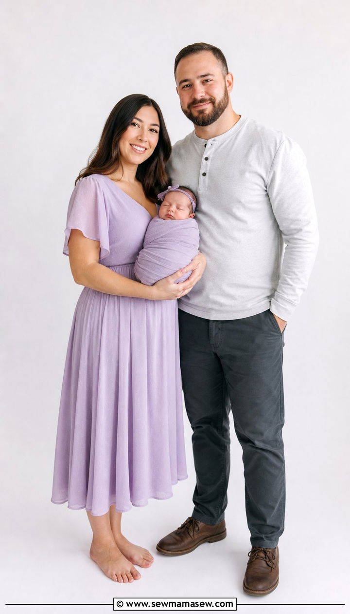 Lavender and gray family outfit for newborn girl - 25 Family photo outfit ideas with newborn