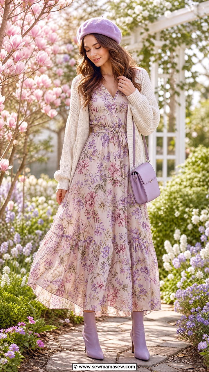Lavender beret with a floral maxi dress - 35 Beret outfit ideas