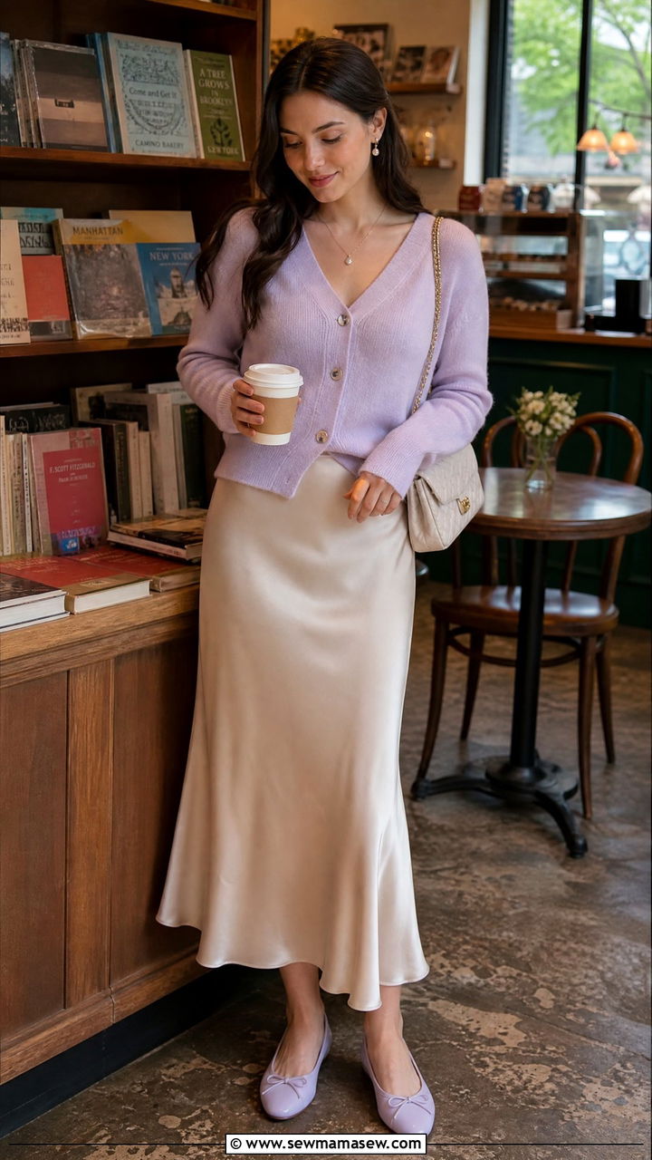 Lavender cardigan with slip skirt and ballet flats - 25 Lavender girl outfit ideas