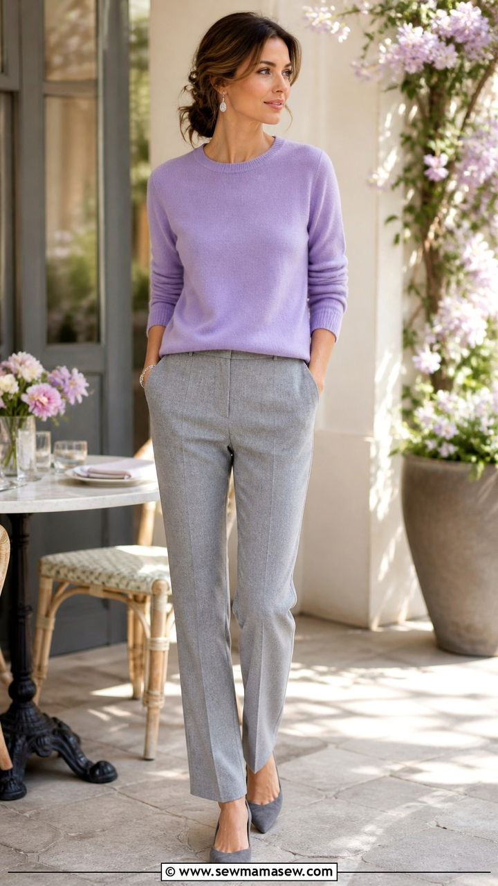 Lavender cashmere sweater with grey wool trousers - 40 elegant outfits