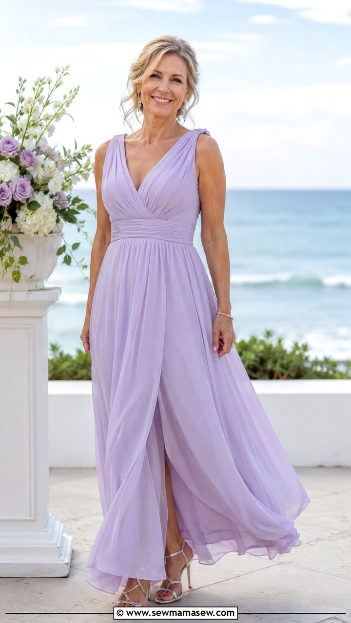 Lavender chiffon maxi dress with strappy sandals - 25 Wedding guest outfit ideas for 60 year old