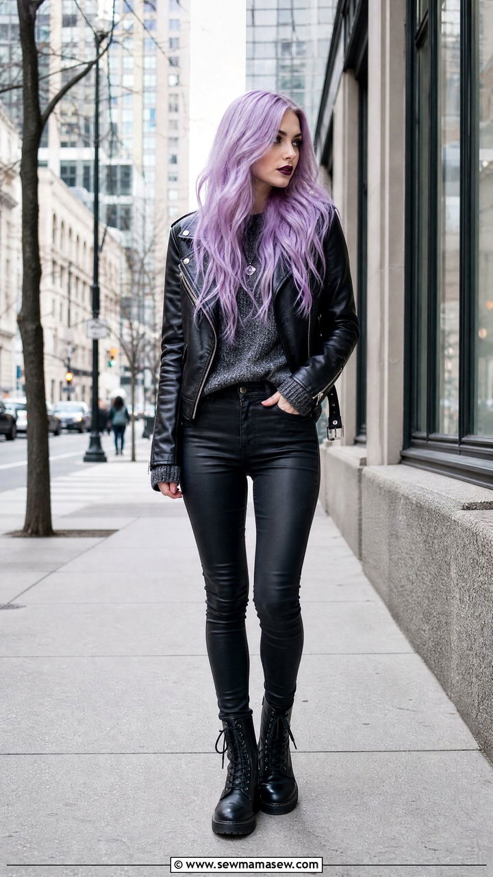 Lavender hair with black leather moto jacket and grey skinny jeans goth outfit - 40 Gothic outfit ideas