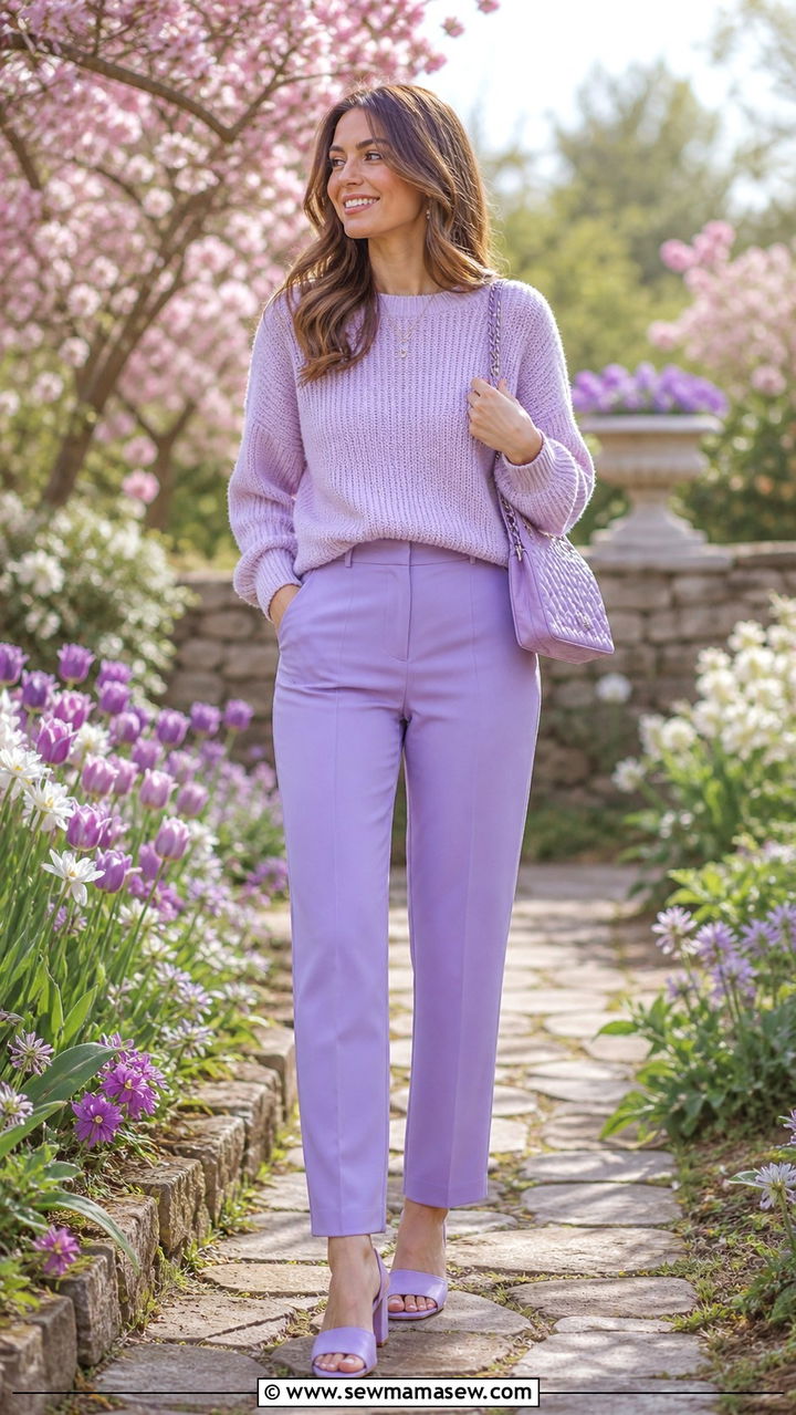 Lavender knit top and lavender trousers outfit - 40 Monochromatic outfit ideas