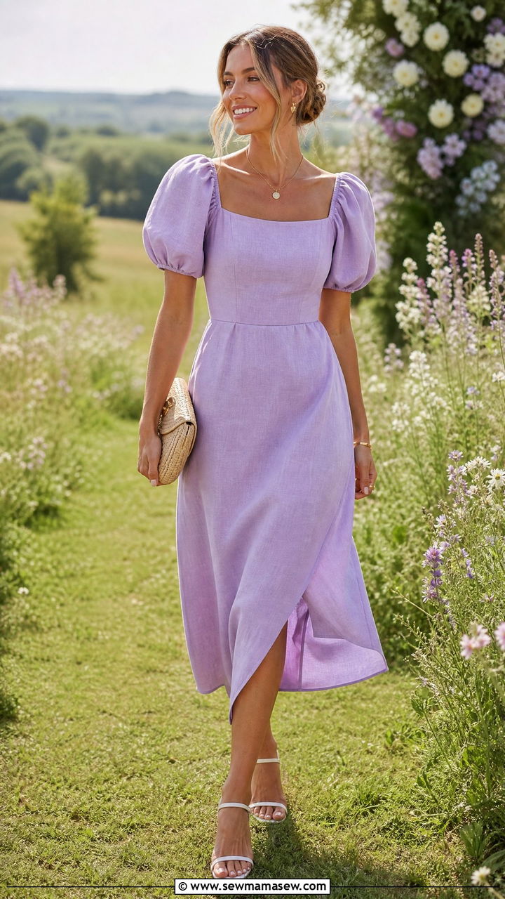 Lavender linen blend puff sleeve dress - 30 Cocktail wedding guest outfit ideas