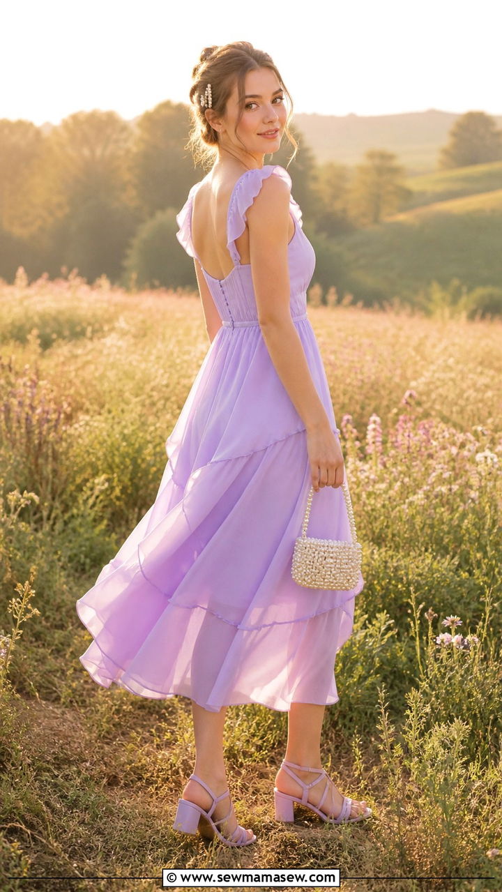 Lavender midi dress and lavender strappy sandals outfit - 40 Monochromatic outfit ideas