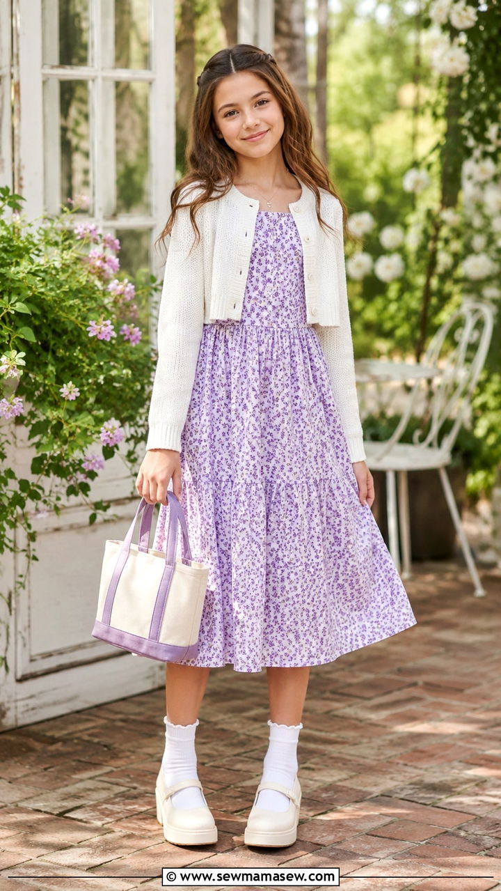 Lavender midi dress with cropped cardigan and platform Mary Janes - 30 Spring outfits for tweens