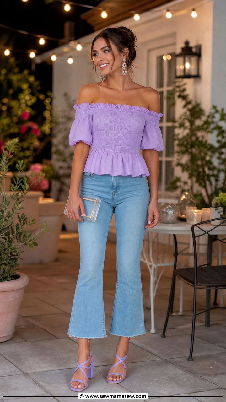 Lavender off shoulder top with cropped flare jeans - 30 summer lavender outfit ideas