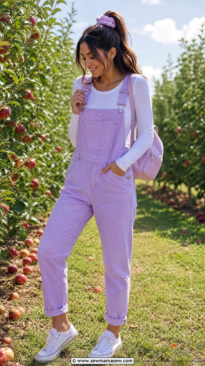 Lavender overalls with a white long sleeve tee and sneakers - 25 Lavender girl outfit ideas