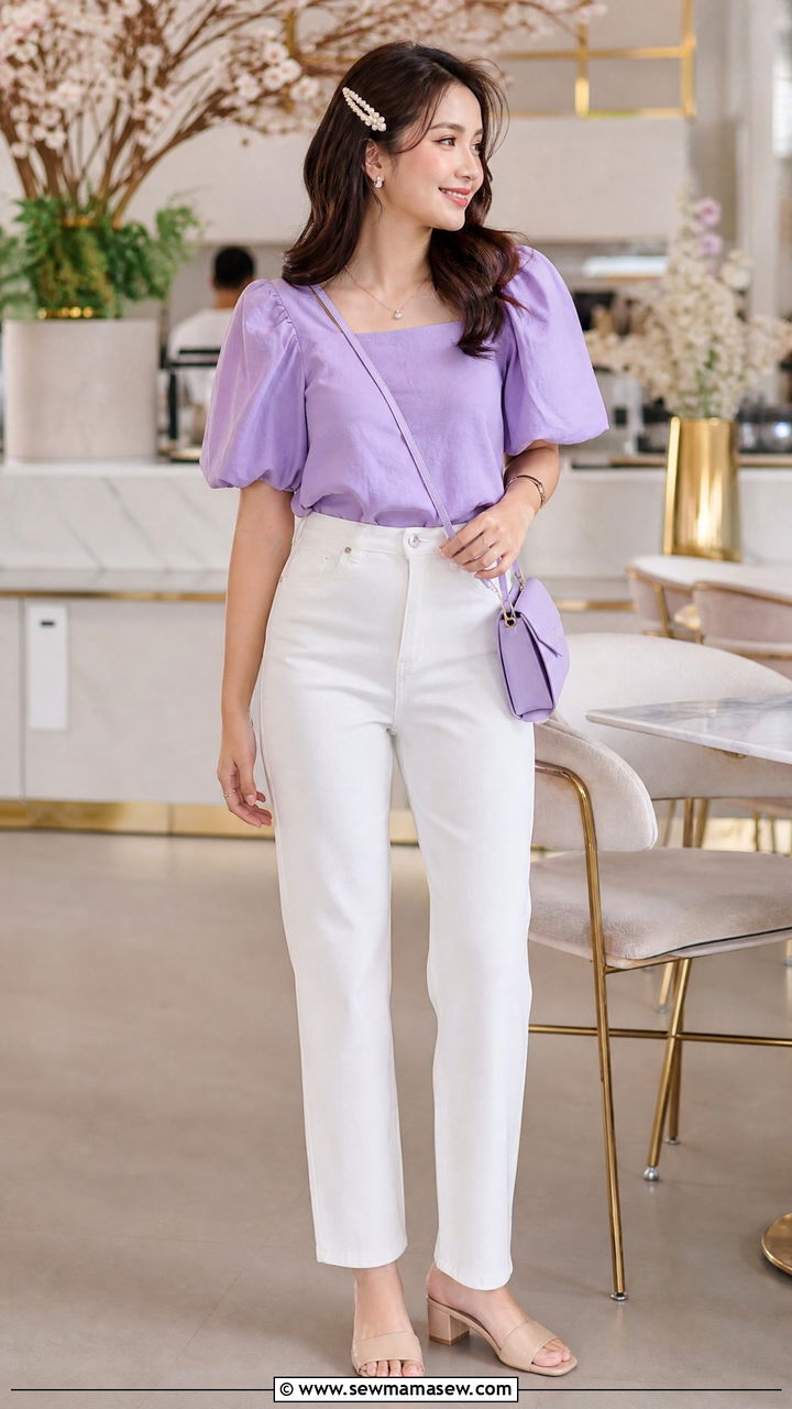 Lavender puff sleeve top with white jeans and mules - 25 Lavender girl outfit ideas