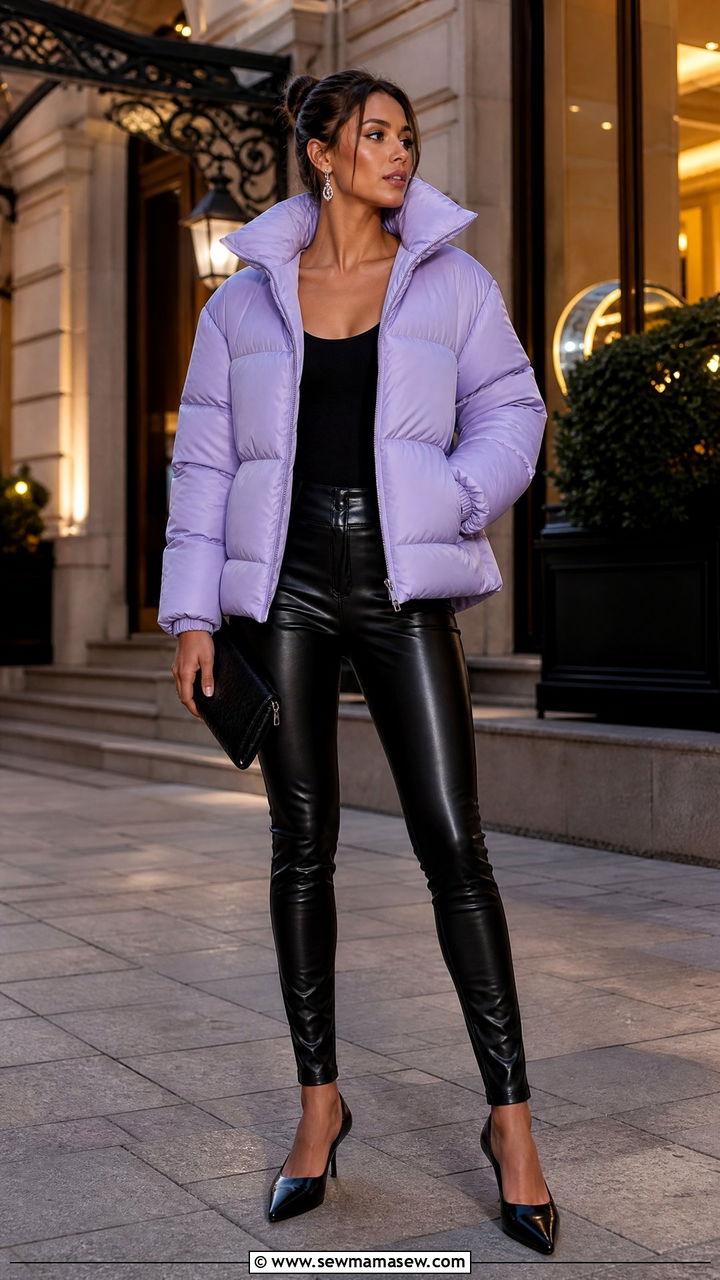 Lavender puffer jacket with black leather trousers and heels - 25 Spring outfits with puffer jacket